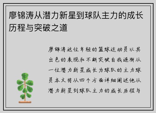 廖锦涛从潜力新星到球队主力的成长历程与突破之道