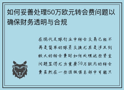 如何妥善处理50万欧元转会费问题以确保财务透明与合规